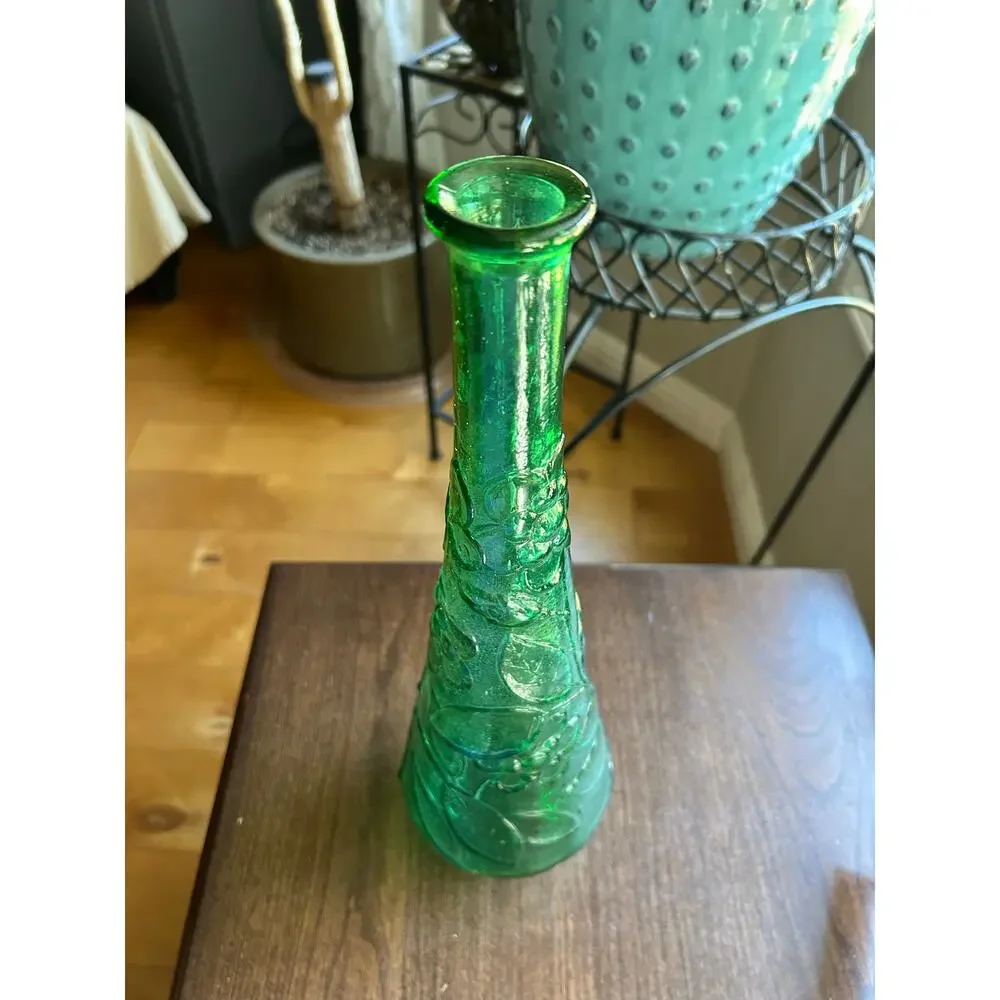 Vintage 60's/70's MCM Green Italian Empoli Bottle Decantet Butterfly And Flowers